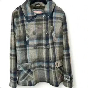 Duck Head Women's Plaid Peacoat Multicolor Double-Breasted Hooded Small